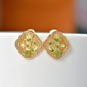 A pair of Exquisite  Silver Inlaid Hotan Jade Flower-patterned Ear Stud