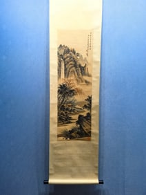 A Chinese Vertical Scroll Ink Painting of Landscapes on Paper