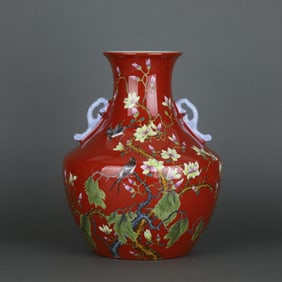 A Exquisite Red Ground Famille-Rose Flower and Bird Pattern Vase