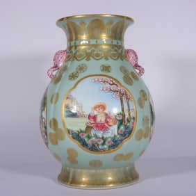 A Exquisite Enamel Pea-Green Glaze Painted Gold Figures Pattern Elephant-Eared Vase