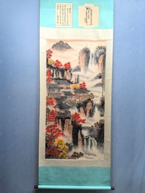 A Chinese Vertical Scroll Ink Painting of Landscapes on Paper