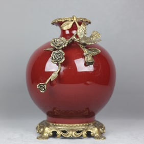 A Exquisite Red Glazed Inlaid Copper Flower Bird Vase