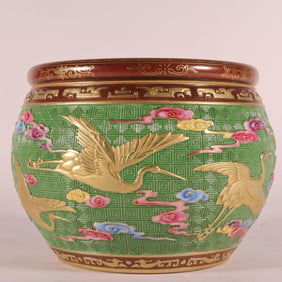 A Exquisite Enamel Green Ground Painted Gold Carved Flower Bird Pattern Water Washer