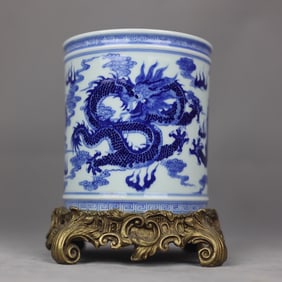 A Exquisite Blue and White Inlaid Copper Dragon Pattern Brush Pot