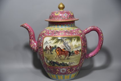 A Exquisite Ruby Red-Glazed Famille-Rose Horse Pattern Ewer