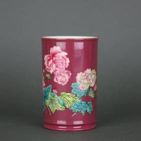 A Exquisite Ruby Red-Glazed Ground Famille-Rose Flower Pattern Brush Pot