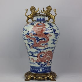 A Exquisite Blue and White Underglaze Red Inlaid Copper Dragon Pattern Lion Double Ear Vase