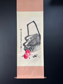 A Chinese Vertical Scroll Ink Flower and Fruit Painting on Paper