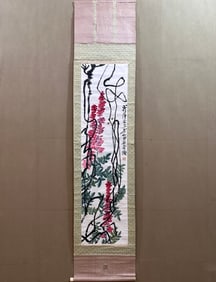 A Chinese Vertical Scroll Ink Painting of Flowers on Paper