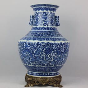 A Exquisite Blue and White Inlaid Copper Interlocking Lotus Dragon Pattern Vase