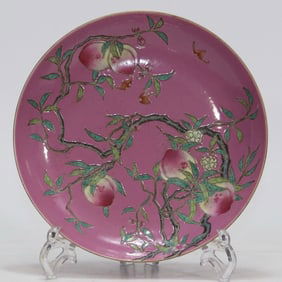A Exquisite Ruby Red-Glazed Ground Famille-Rose Bats and Peach Pattern Plate