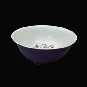 A Exquisite Aubergine Glaze Interior Enamel Flower and Peach Pattern Bowl
