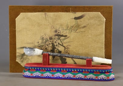 A Exquisite Silver Inlaid Hotan Jade Dragon Pattern Pipe