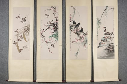 A Set of Chinese Vertical Scroll China Ink Painting of Flower and Bird on Paper