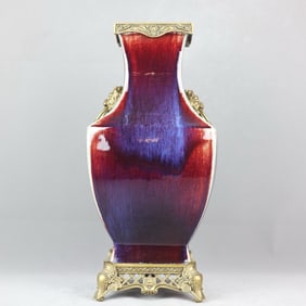 A Exquisite Kiln Transformation Glazed Inlaid Copper Double Ear Vase