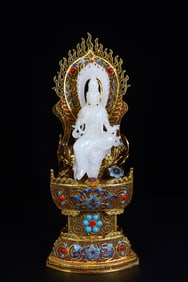 A Exquisite Hotan Jade Cloisonne Inlaid Gems Buddha Ornament