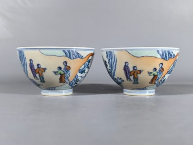 A pair of Exquisite Doucai Figures Pattern Cup