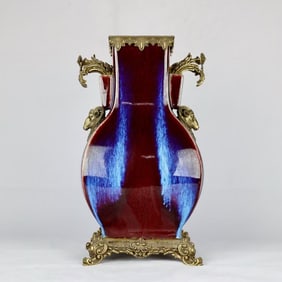 A Exquisite Kiln Transformation Glazed Inlaid Copper Double Ear Vase