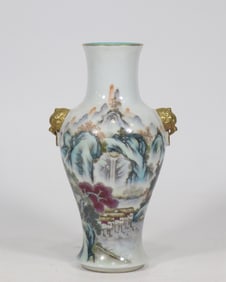 A Exquisite Famille-Rose Landscape Pattern Double-Ears Vase