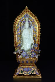 A Exquisite Hotan Jade Cloisonne Inlaid Gems Avalokitesvara Ornament