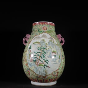 A Exquisite Famille-Rose Landscape Pattern Double-Ears Vase