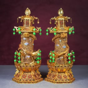 A pair of Rare Wire inlay Technique Inlaid Gems Dragon-Shaped Pagoda