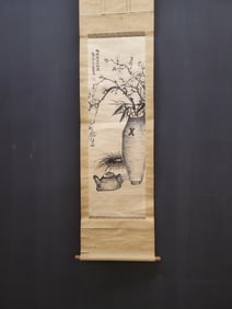 A Chinese Vertical Scroll Ink Painting of Flowers on Paper