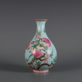 A Exquisite Turquoise-Glazed Ground Famille-Rose Peach Pattern Vase