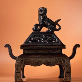 A Exquisite Red Copper Silver-Inlaid Double-Ear Incense Burner