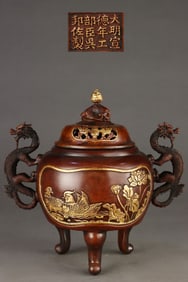 Gilt Red Copper Flower Bird Pattern Dragon-Ears Censer