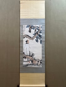 A Chinese Vertical Scroll Ink Painting of Figures on Paper