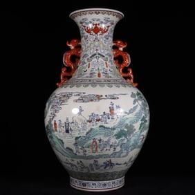 A Exquisite Blue and White Doucai Character and Story Pattern Double-Ears Vase