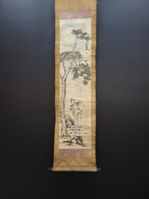 A Chinese Vertical Scroll Ink Painting of Deer on Paper