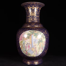A Exquisite Famille-Rose Ji Blue Glazed Painted Gold Lotus and Figures Pattern Vase
