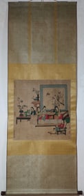 A Chinese Vertical Scroll China Ink Painting of Figures on Silk