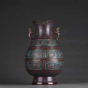 A Exquisite Ancient Copper Color Painted Gold Double-Ears Vase