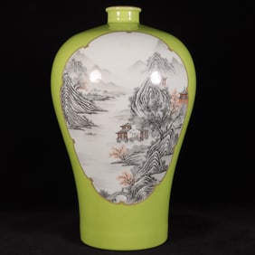 A Exquisite Apple Green Ground Ink Color Landscape Pattern Vase