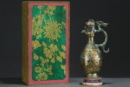 A Rare Gold and Silver-Inlaid Bronze Bronze Dragon Pattern Phoenix Head Ewer