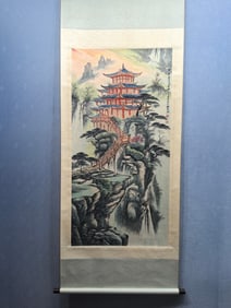 A Chinese Vertical Scroll Ink Painting of Landscapes on Paper