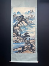 A Chinese Vertical Scroll Ink Landscape Painting on Paper
