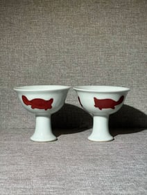 A pair of Exquisite Underglaze-Red Fish Pattern High-Footed Cups