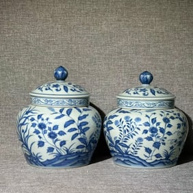 A pair of Exquisite Blue and White Flower Pattern Lidded Jars