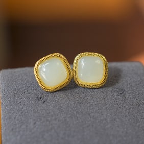 A pair of Exquisite Silver Inlaid Hotan Jade Square-shaped Ear Stud