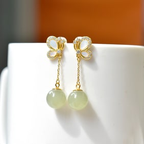 A pair of Exquisite Silver Inlaid Hotan Jade Butterfly-shaped Earring