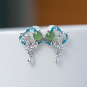 A pair of Exquisite Silver Inlaid Jasper Lotus-patterned Ear Stud