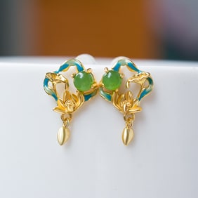 A pair of Exquisite Silver Inlaid Jasper Lotus-patterned Ear Stud