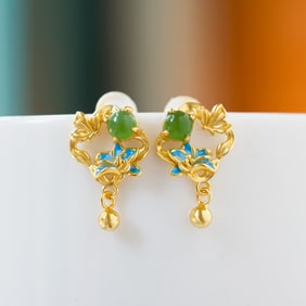 A pair of Exquisite Silver Inlaid Jasper Lotus-patterned Ear Stud