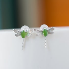 A pair of Exquisite Silver Inlaid Jasper Dragonfly-shaped Ear Stud