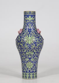 An Exquisite Blue Ground Green Color Painted Gold Lotus,Bats and Peach Pattern Beast-Ears Vase