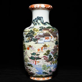 A Huge Famille-Rose Painted Gold Landscape and Figure Pattern Vase